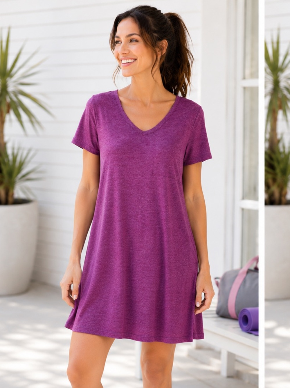 Yelete Criss Cross Back TShirt Dress Swing Athletic VNeck Purple S